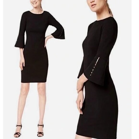 Calvin Klein Dresses & Skirts - Calvin Klein Black Bell Sleeve Pearl Detail Midi Dress Size 8